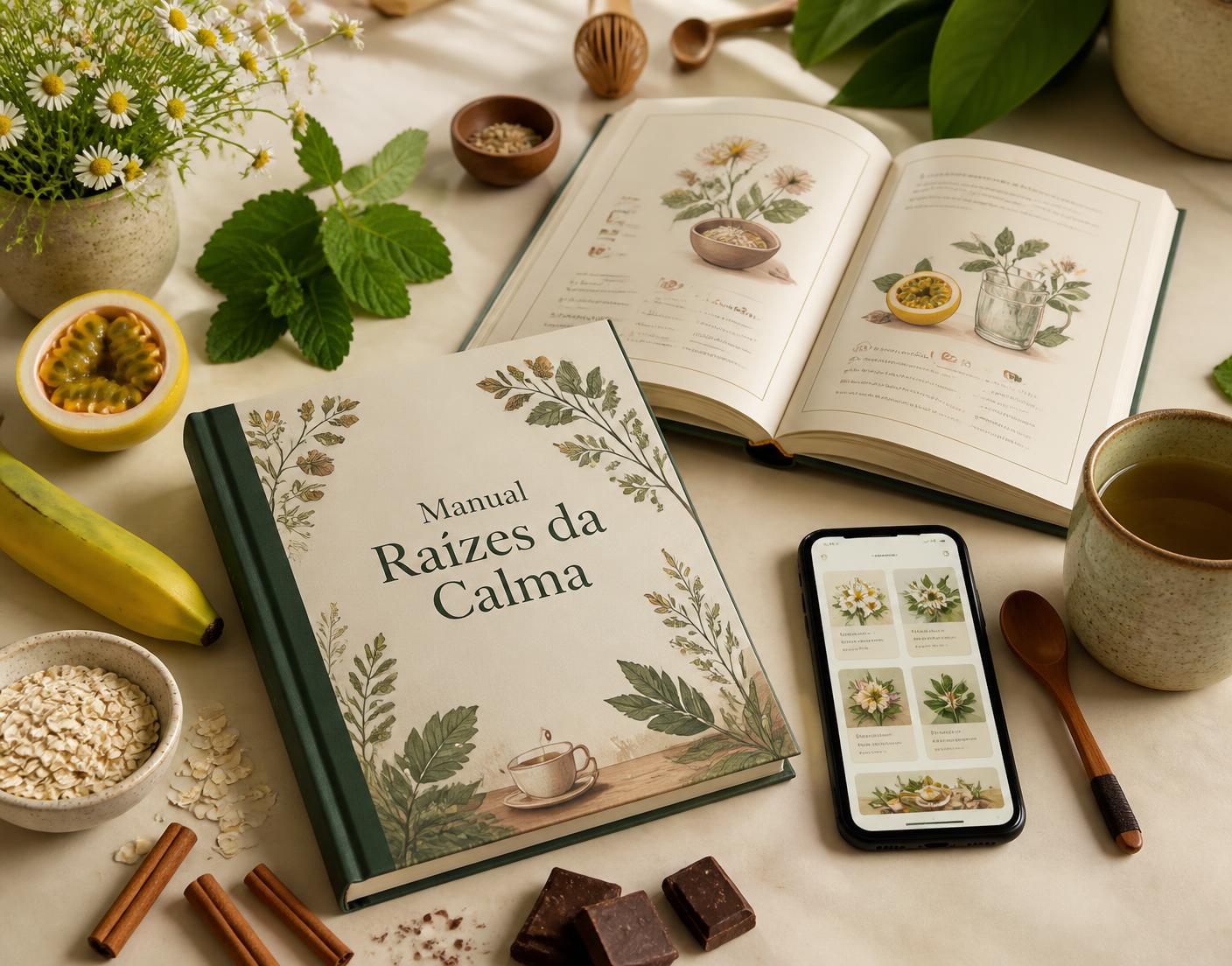 Manual Raízes da Calma com páginas ilustradas, celular, ervas, frutas e bebida natural