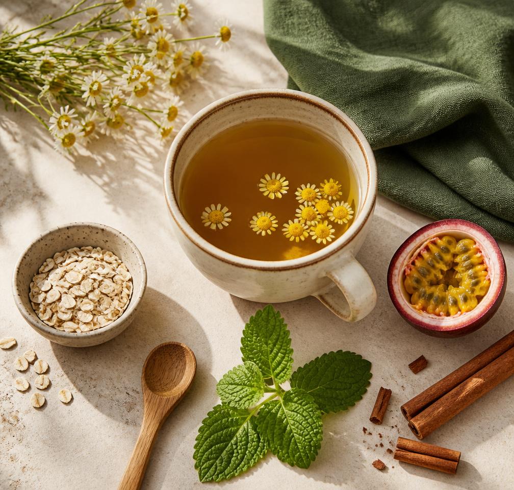 Xícara de infusão natural com camomila, melissa, aveia, maracujá e canela